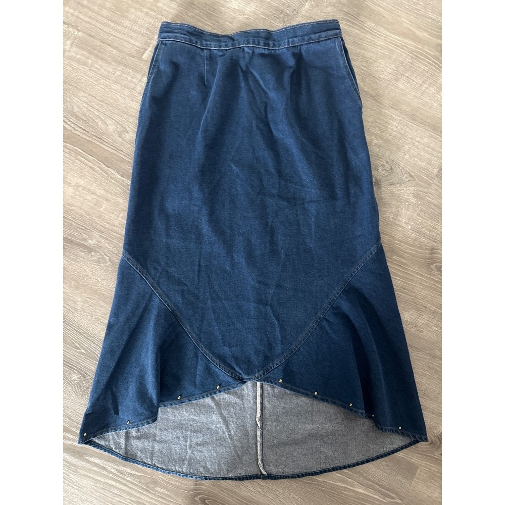 Vintage Denim High Low Maxi Skirt XL Blue Studded Tulip Hem Made in USA 32x37
